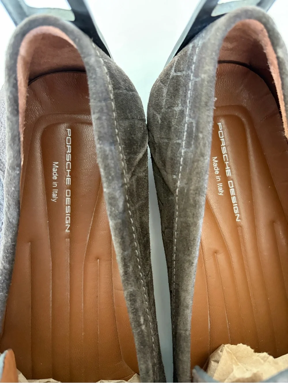 Porsche Design Beverly Hills Suede Croc Embossed Brown Moccasin Driving Loafers